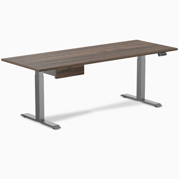 Desky Dual Melamine Standing Desk With Drawer, Jarrah Legno desktop, Space Grey frame