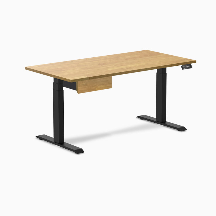 Desky Dual Rubberwood Standing Desk With Drawer, Light Oak desktop, Matte Black frame