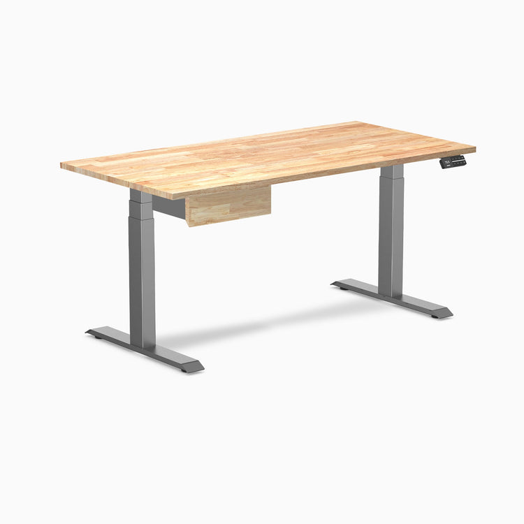 Desky Dual Rubberwood Standing Desk With Drawer, Natural Timber desktop, Space Grey frame