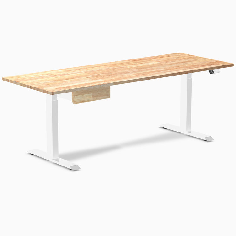 Desky Dual Rubberwood Standing Desk With Drawer, Natural Timber desktop, White frame