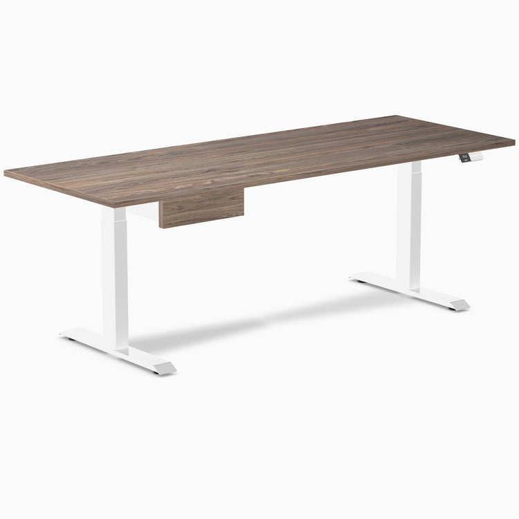 Desky Dual Melamine Standing Desk With Drawer, Natural Walnut desktop, White frame