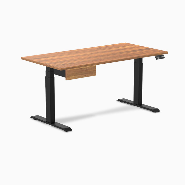 Desky Dual Melamine Standing Desk With Drawer, Prime Oak desktop, Matte Black frame