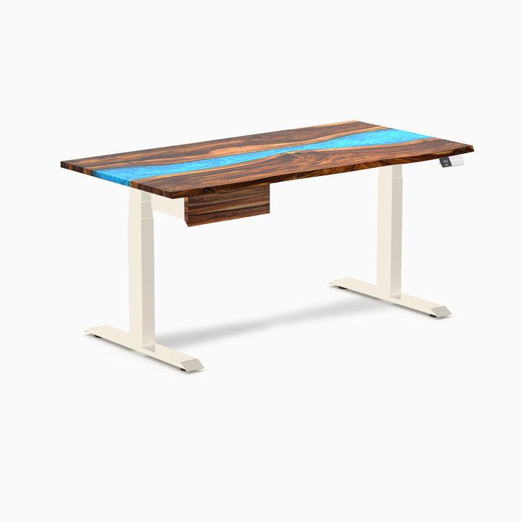Desky Dual Resin Hardwood Standing Desk With Drawer, Pheasantwood Blue River desktop, Wheat frame