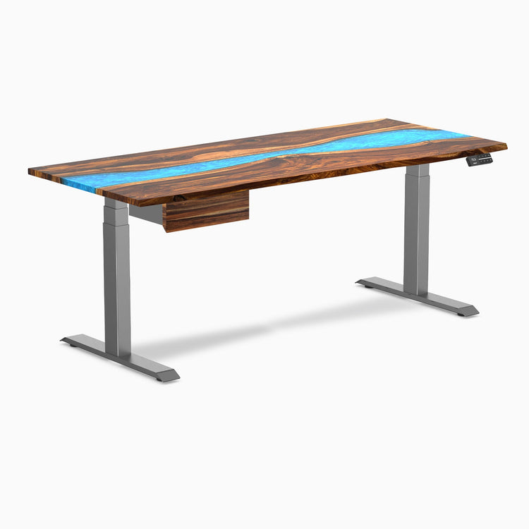 Desky Dual Resin Hardwood Standing Desk With Drawer, Pheasantwood Blue River desktop, Space Grey frame