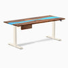 Desky Dual Resin Hardwood Standing Desk With Drawer, Pheasantwood Blue River desktop, Wheat frame