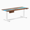 Desky Dual Resin Hardwood Standing Desk With Drawer, Pheasantwood Blue River desktop, White frame