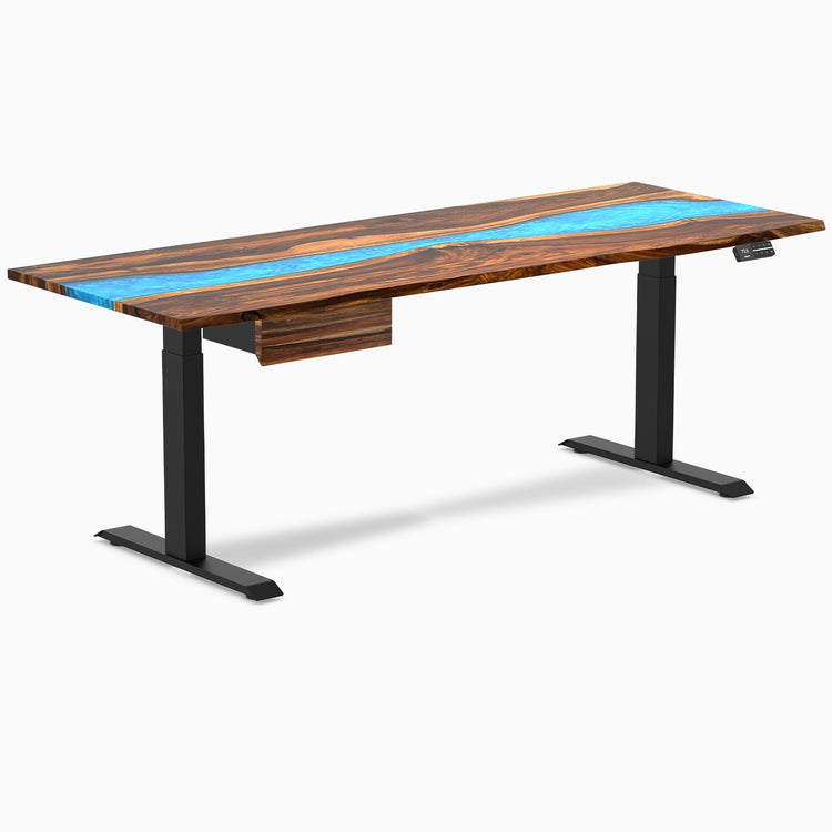 Desky Dual Resin Hardwood Standing Desk With Drawer, Pheasantwood Blue River desktop, Matte Black frame
