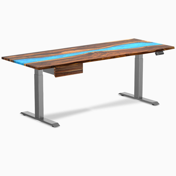 Desky Dual Resin Hardwood Standing Desk With Drawer, Pheasantwood Blue River desktop, Space Grey frame