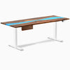Desky Dual Resin Hardwood Standing Desk With Drawer, Pheasantwood Blue River desktop, White frame