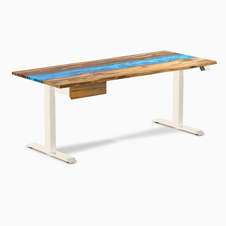 Desky Dual Resin Hardwood Standing Desk With Drawer, Teak Blue River desktop, Wheat frame