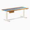Desky Dual Resin Hardwood Standing Desk With Drawer, Teak Blue River desktop, Wheat frame