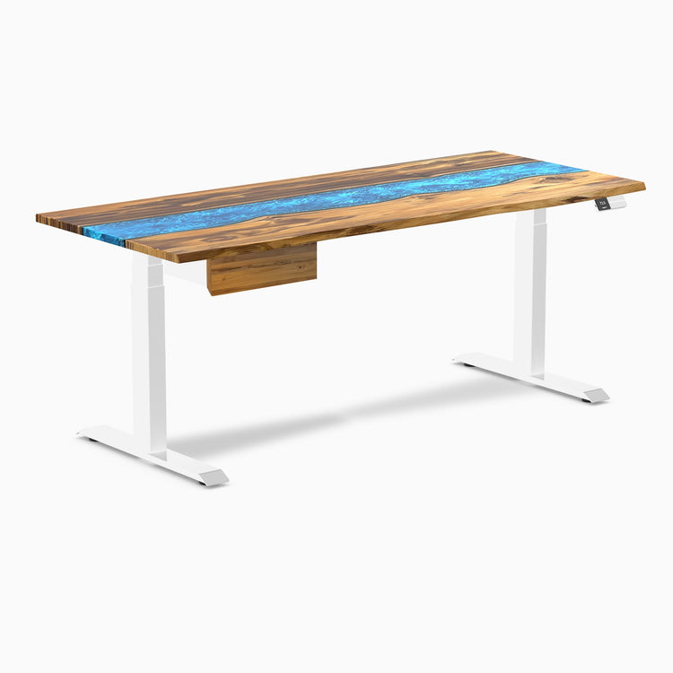 Desky Dual Resin Hardwood Standing Desk With Drawer, Teak Blue River desktop, White frame