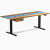 Desky Dual Resin Hardwood Standing Desk With Drawer, Teak Blue River desktop, Matte Black frame