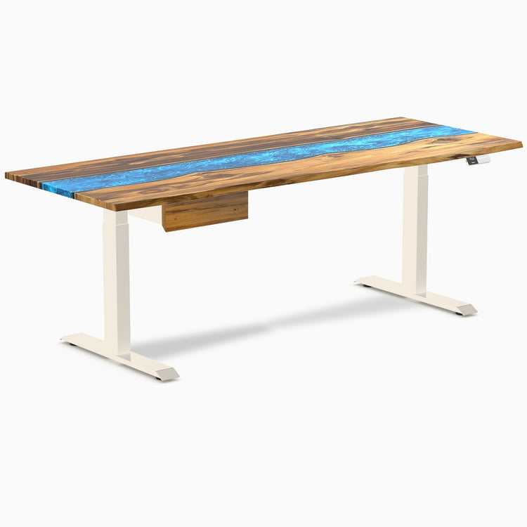 Desky Dual Resin Hardwood Standing Desk With Drawer, Teak Blue River desktop, Wheat frame
