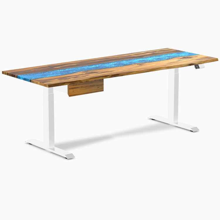 Desky Dual Resin Hardwood Standing Desk With Drawer, Teak Blue River desktop, White frame