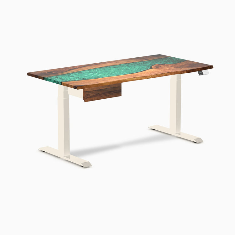 Desky Dual Resin Hardwood Standing Desk With Drawer, Natural Walnut Emerald River desktop, Wheat frame