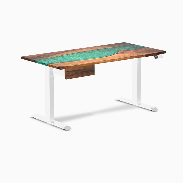 Desky Dual Resin Hardwood Standing Desk With Drawer, Natural Walnut Emerald River desktop, White frame