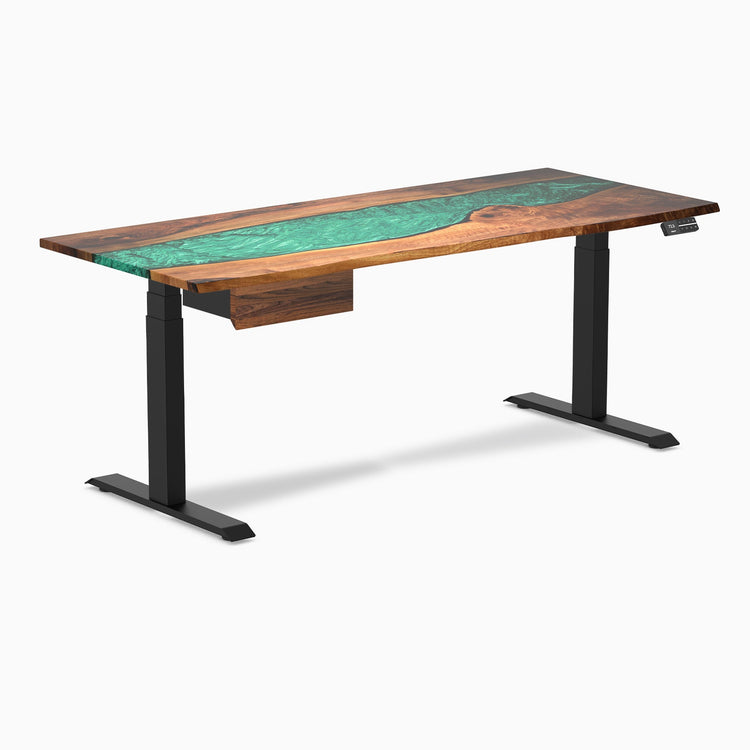 Desky Dual Resin Hardwood Standing Desk With Drawer, Natural Walnut Emerald River desktop, Matte Black frame