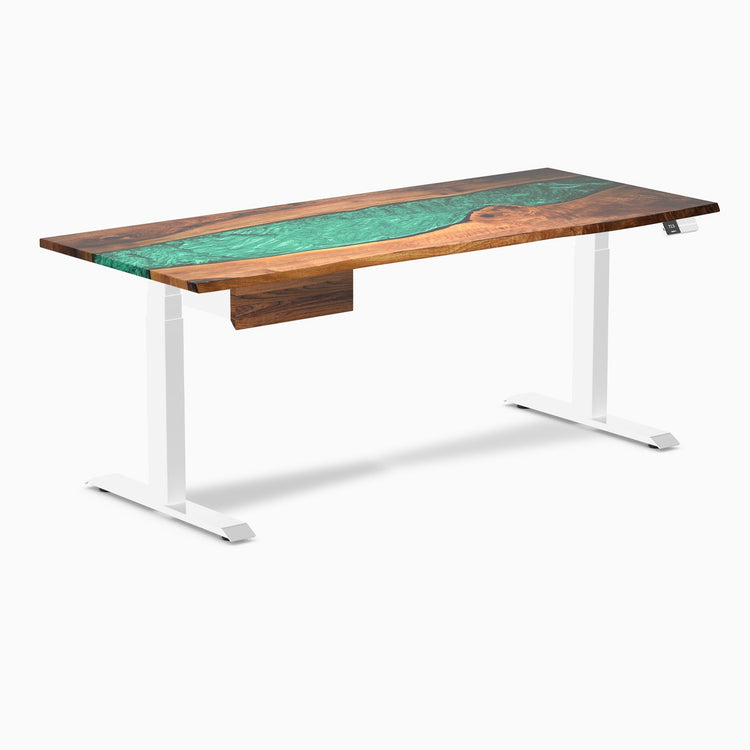 Desky Dual Resin Hardwood Standing Desk With Drawer, Natural Walnut Emerald River desktop, White frame