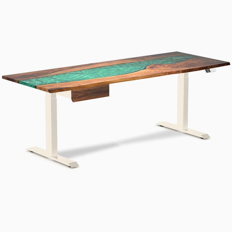 Desky Dual Resin Hardwood Standing Desk With Drawer, Natural Walnut Emerald River desktop, Wheat frame
