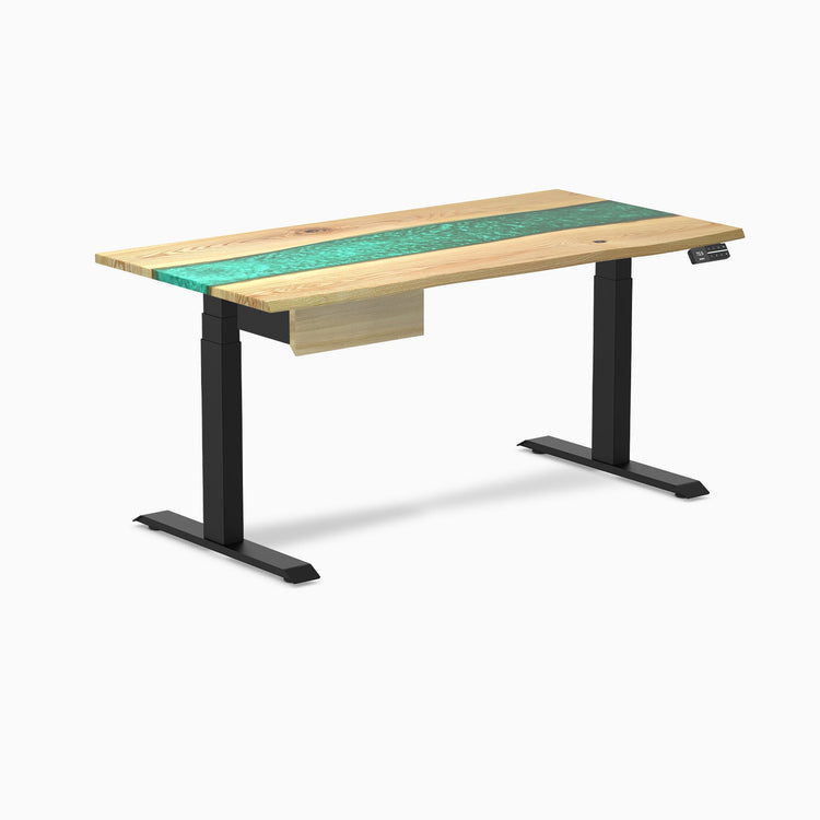 Desky Dual Resin Hardwood Standing Desk With Drawer, White Ash Emerald River desktop, Matte Black frame