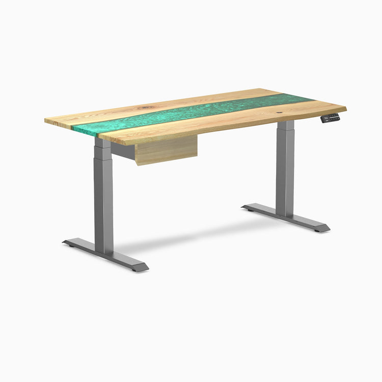 Desky Dual Resin Hardwood Standing Desk With Drawer, White Ash Emerald River desktop, Space Grey frame