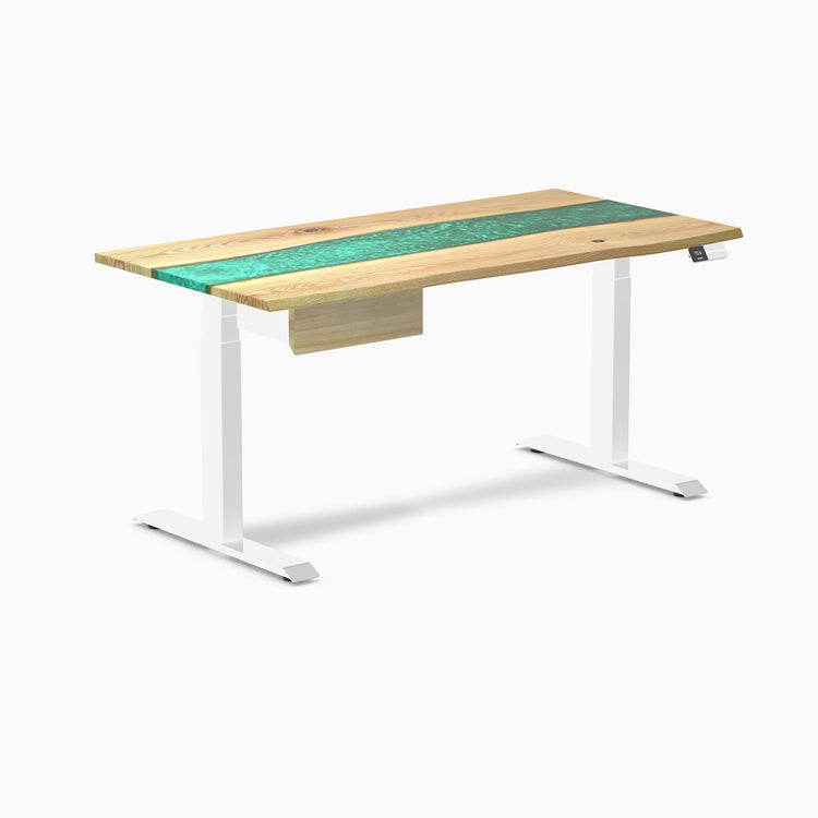 Desky Dual Resin Hardwood Standing Desk With Drawer, White Ash Emerald River desktop, White frame