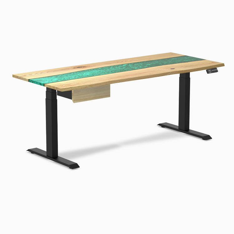 Desky Dual Resin Hardwood Standing Desk With Drawer, White Ash Emerald River desktop, Matte Black frame