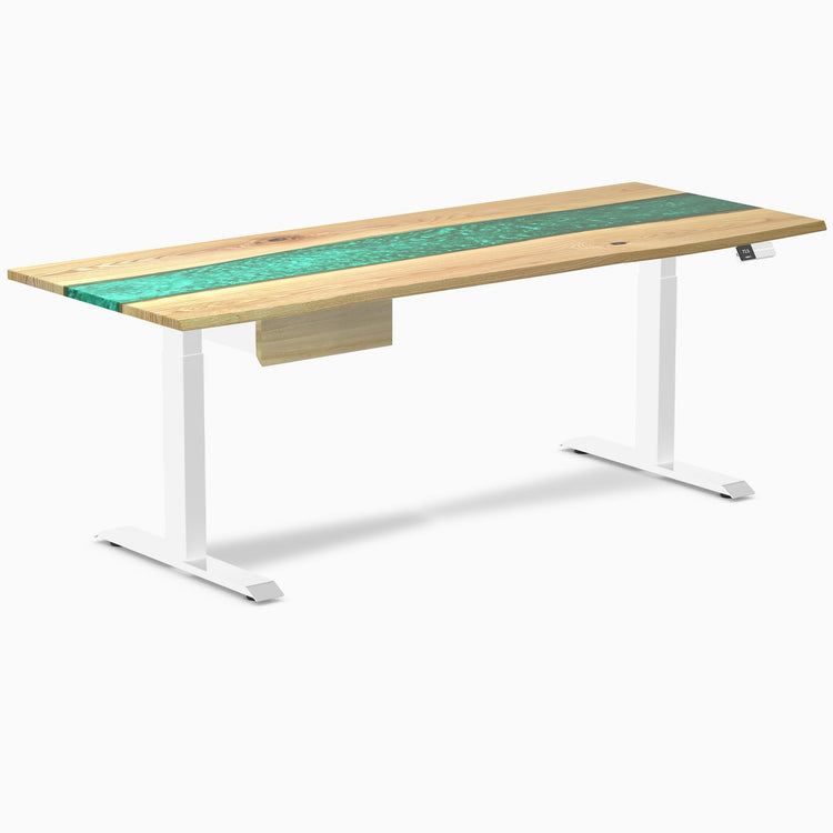 Desky Dual Resin Hardwood Standing Desk With Drawer, White Ash Emerald River desktop, White frame