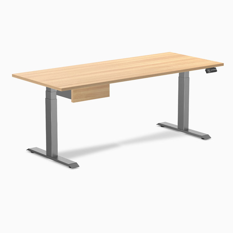 Desky Dual Melamine Standing Desk With Drawer, Sublime Teak desktop, Space Grey frame