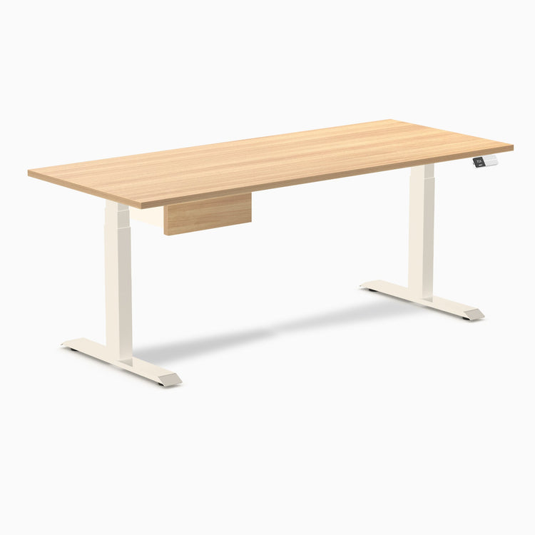 Desky Dual Melamine Standing Desk With Drawer, Sublime Teak desktop, Wheat frame