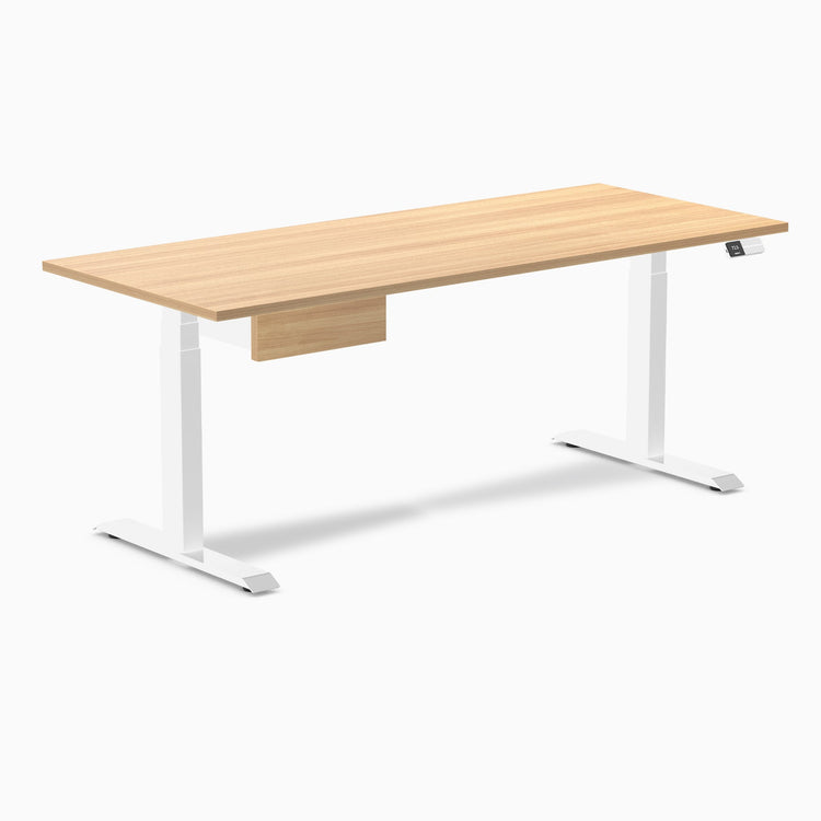 Desky Dual Melamine Standing Desk With Drawer, Sublime Teak desktop, White frame