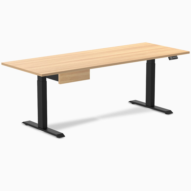 Desky Dual Melamine Standing Desk With Drawer, Sublime Teak desktop, Matte Black frame