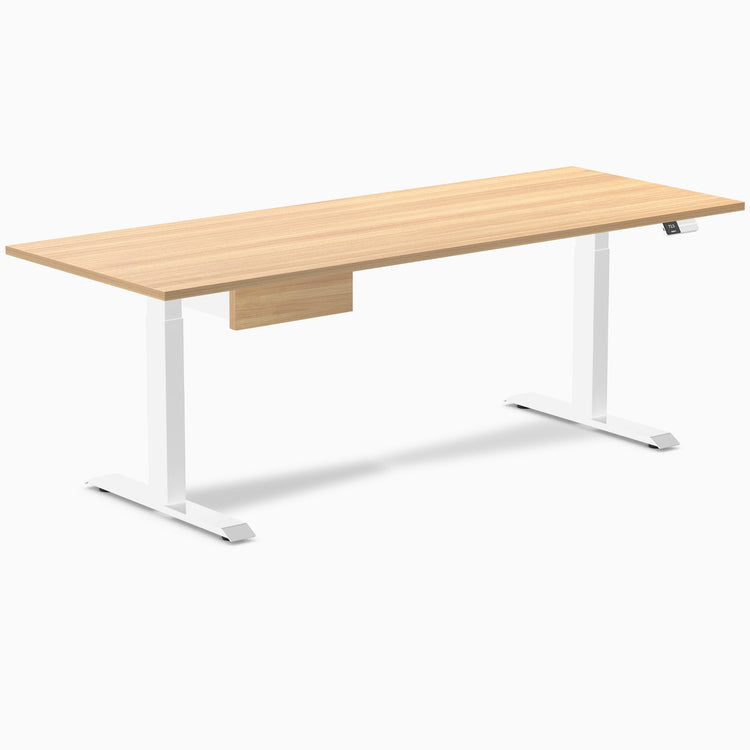 Desky Dual Melamine Standing Desk With Drawer, Sublime Teak desktop, White frame