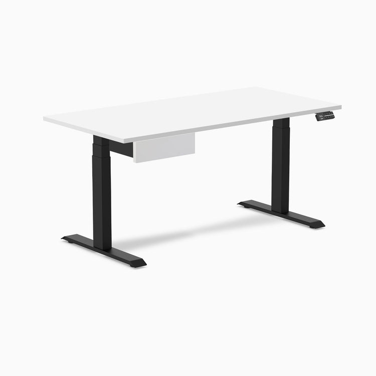 Desky Dual Melamine Standing Desk With Drawer, White desktop, Matte Black frame