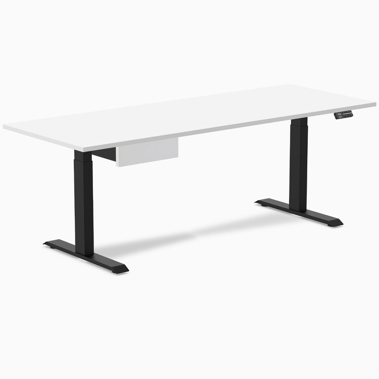Desky Dual Melamine Standing Desk With Drawer, White desktop, Matte Black frame