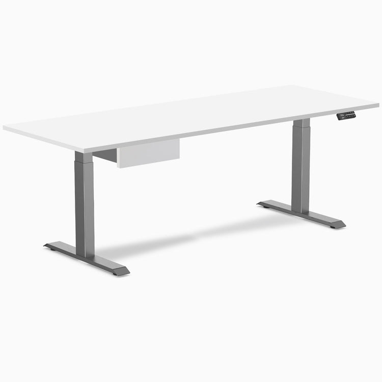 Desky Dual Melamine Standing Desk With Drawer, White desktop, Space Grey frame