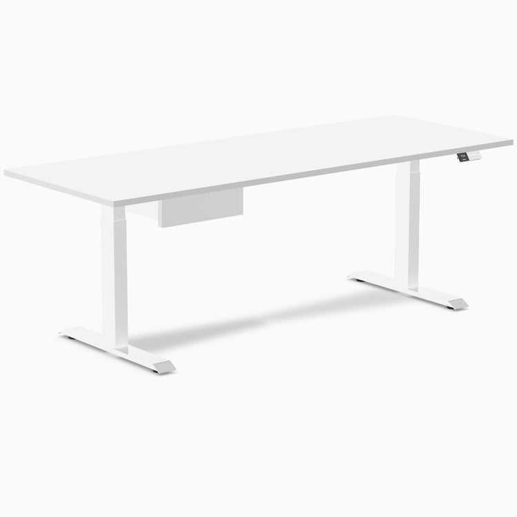 Desky Dual Melamine Standing Desk With Drawer, White desktop, White frame
