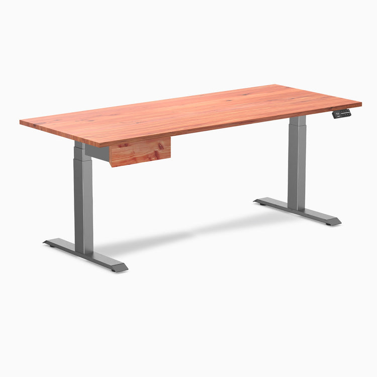 Desky Dual Softwood Standing Desk With Drawer, Red Cedar desktop, Space Grey frame
