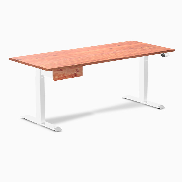 Desky Dual Softwood Standing Desk With Drawer, Red Cedar desktop, White frame