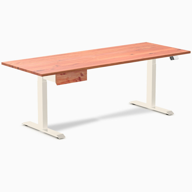 Desky Dual Softwood Standing Desk With Drawer, Red Cedar desktop, Wheat frame