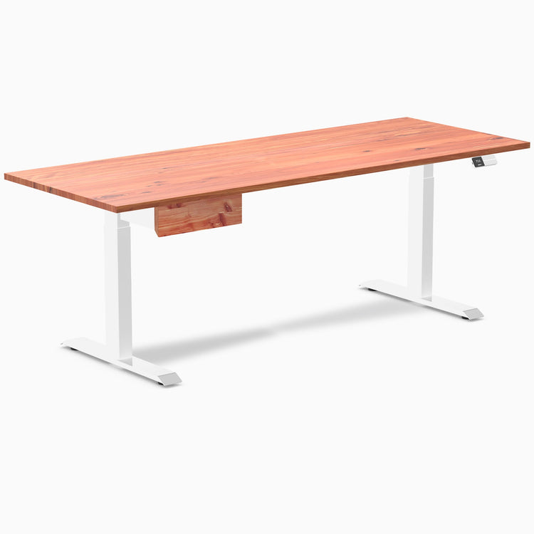 Desky Dual Softwood Standing Desk With Drawer, Red Cedar desktop, White frame