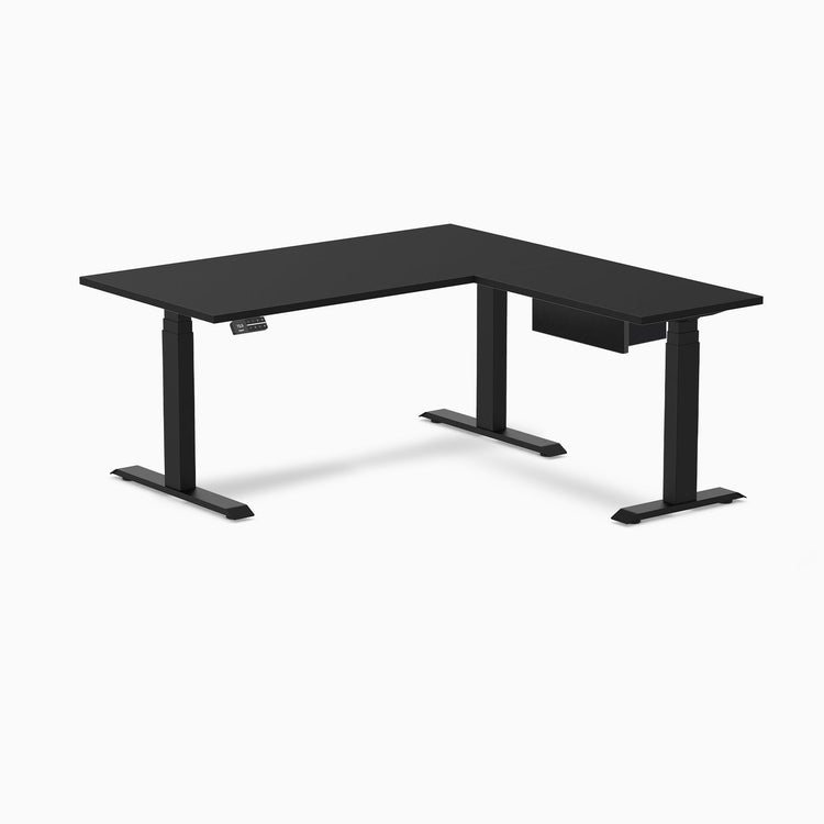 Desky Eco L-Shape Melamine Standing Desk With Drawer, Black desktop, Matte Black frame