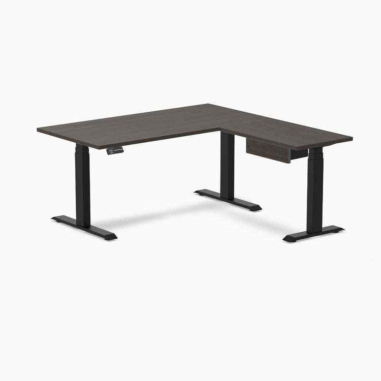 Desky Eco L-Shape Melamine Standing Desk With Drawer, Burnished Wood desktop, Matte Black frame