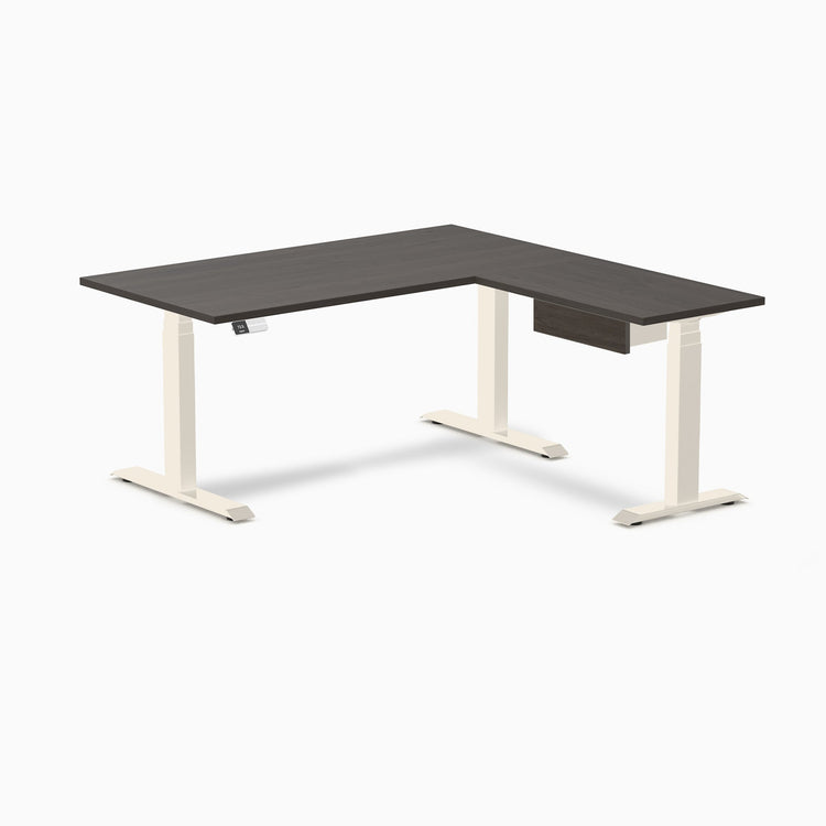 Desky Eco L-Shape Melamine Standing Desk With Drawer, Burnished Wood desktop, Wheat frame