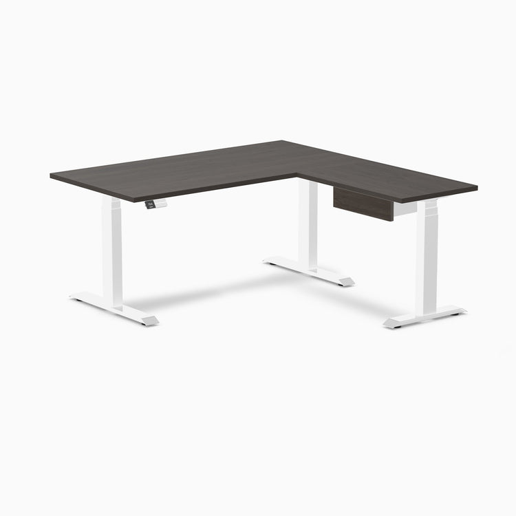 Desky Eco L-Shape Melamine Standing Desk With Drawer, Burnished Wood desktop, White frame