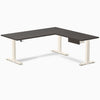 Desky Eco L-Shape Melamine Standing Desk With Drawer, Burnished Wood desktop, Wheat frame