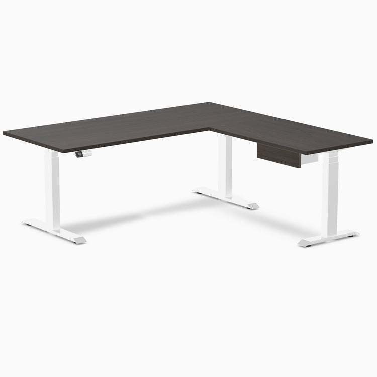 Desky Eco L-Shape Melamine Standing Desk With Drawer, Burnished Wood desktop, White frame