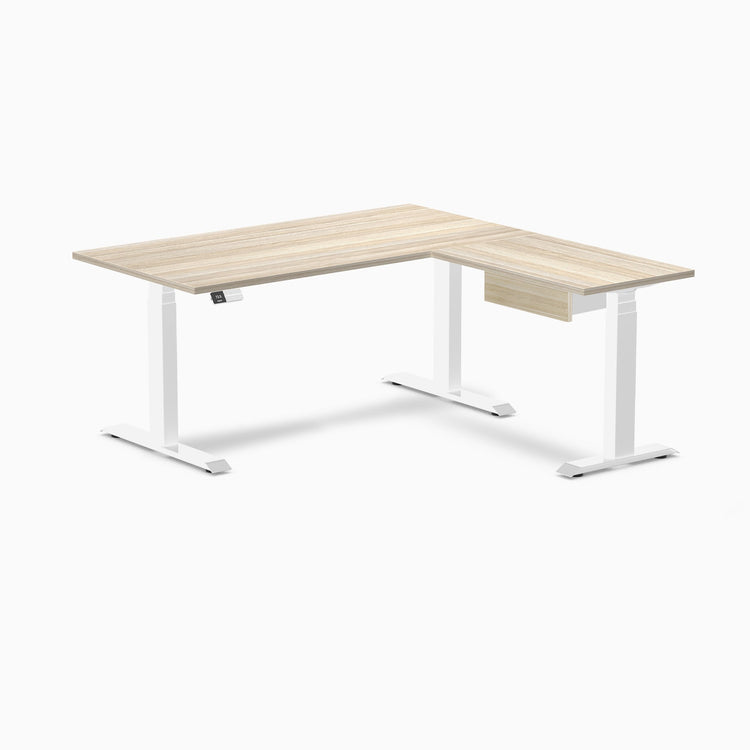 Desky Eco L-Shape Melamine Standing Desk With Drawer, Classic Oak desktop, White frame