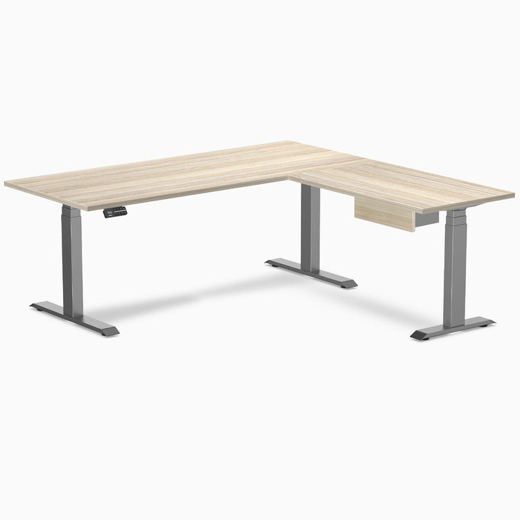Desky Eco L-Shape Melamine Standing Desk With Drawer, Classic Oak desktop, Space Grey frame